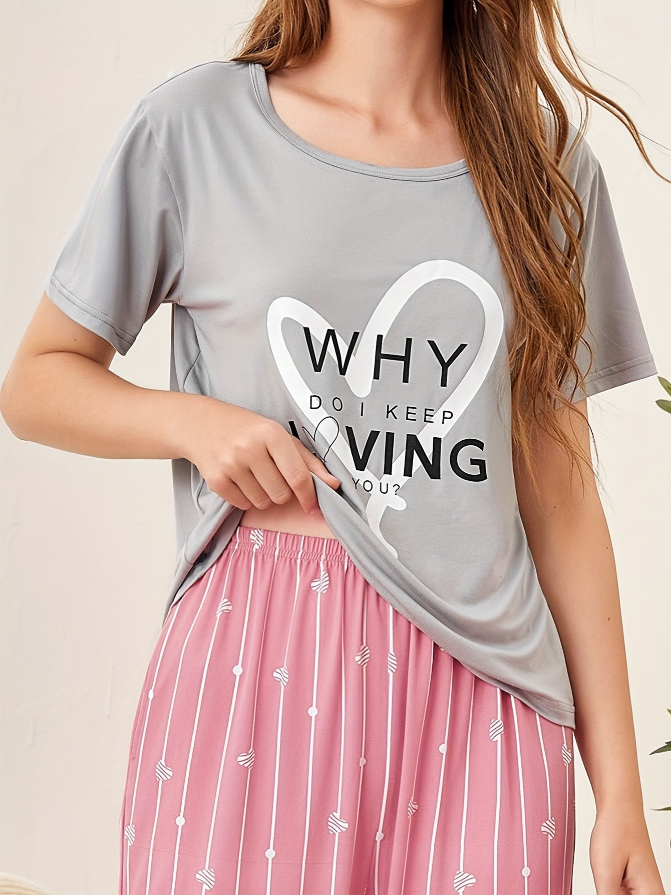 Heart Print Pajama Set Short Sleeve Crew Neck Top & Elastic Waistband Pants