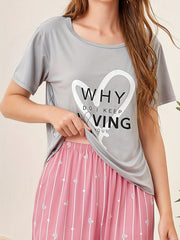 Heart Print Pajama Set Short Sleeve Crew Neck Top & Elastic Waistband Pants