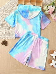 Girls' Tie Dyed Tracksuit Hooded T Shirt & Drawstring Shorts Set