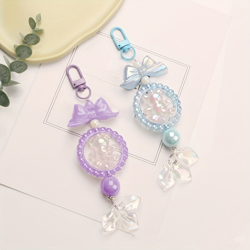 Cute Bear Keychain with Bow Knot and Beaded Shell Pendant for Girls