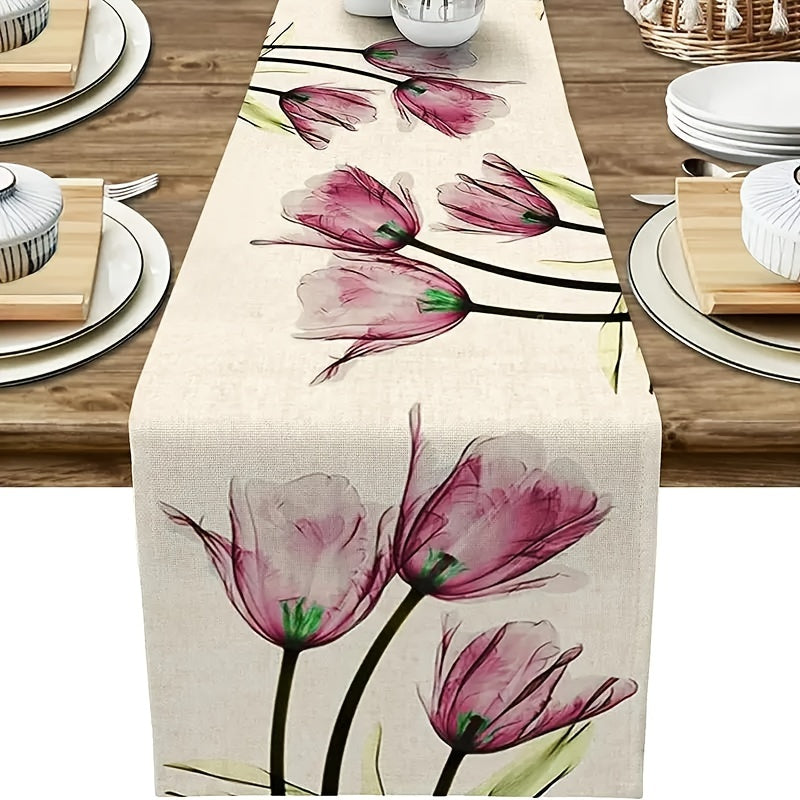 Linen Table Runner Retro Tulip Flower Kitchen Dinner Long Runner