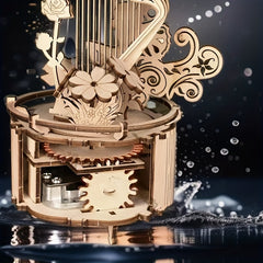 3D Wooden Puzzle Handcrafted Recycled Wood Rose with Lyre & Floral Yellow