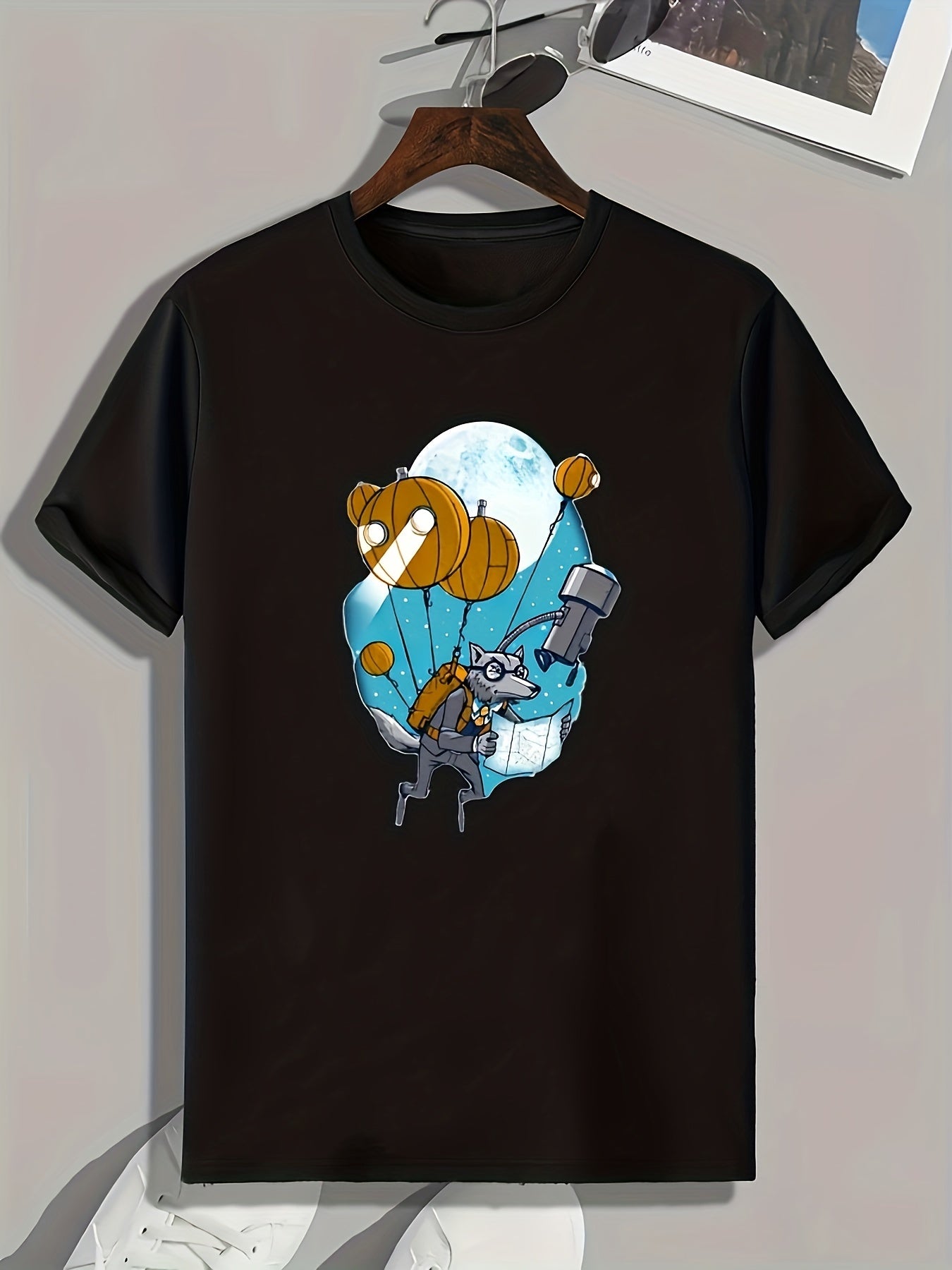 Flying Cartoon Wolf Print Men's Graphic T-shirt for Summer