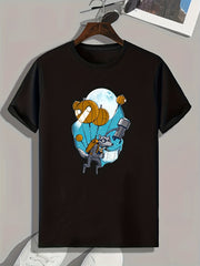 Flying Cartoon Wolf Print Men's Graphic T-shirt for Summer