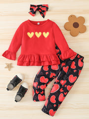 3pcs Girls Happy Long Sleeve T Shirt Top And Heart Print Pants Set