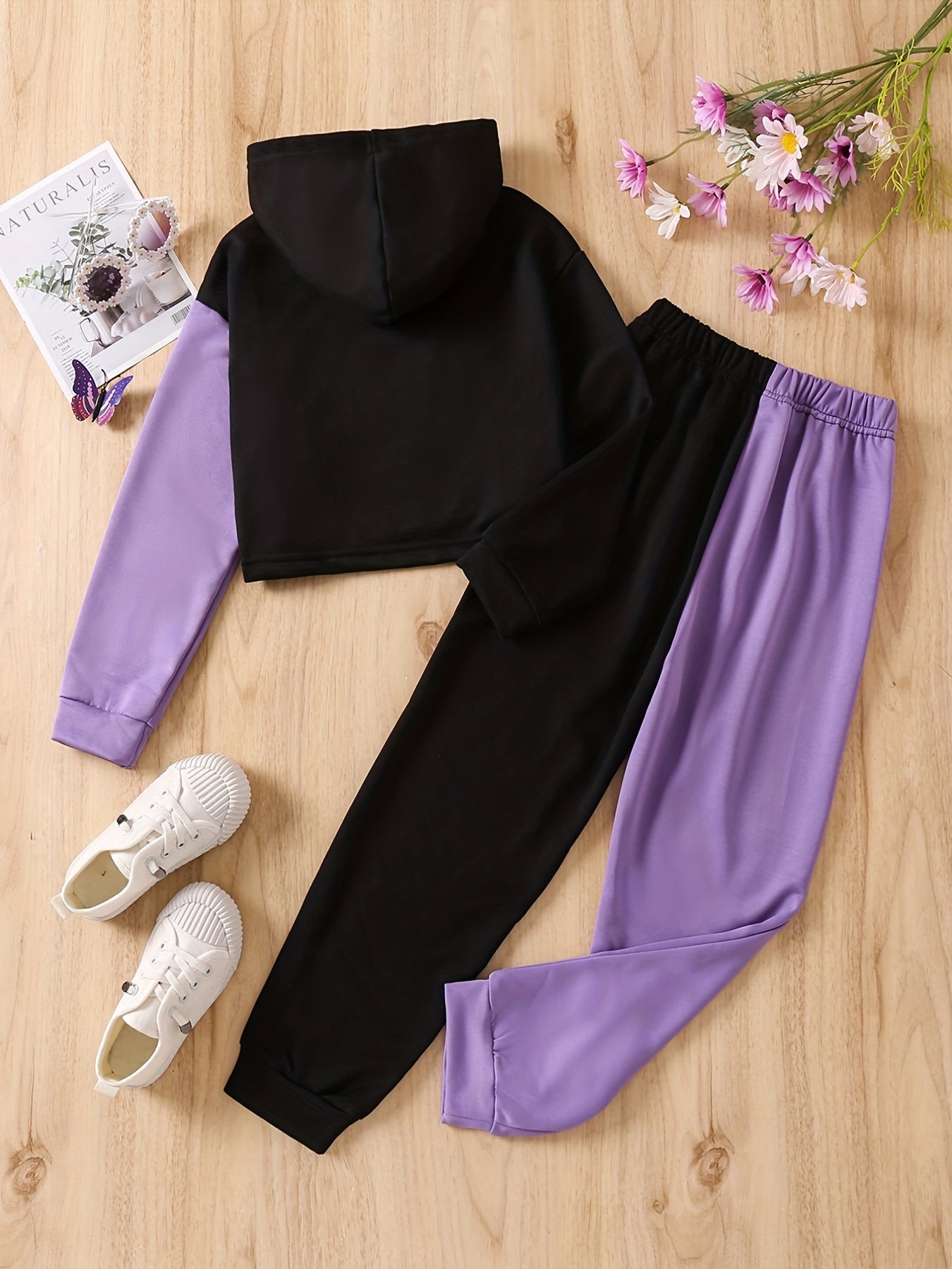 2 Girls Butterfly Print Crop Hoodie Sweatshirt & Pants Set
