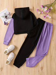 2 Girls Butterfly Print Crop Hoodie Sweatshirt & Pants Set