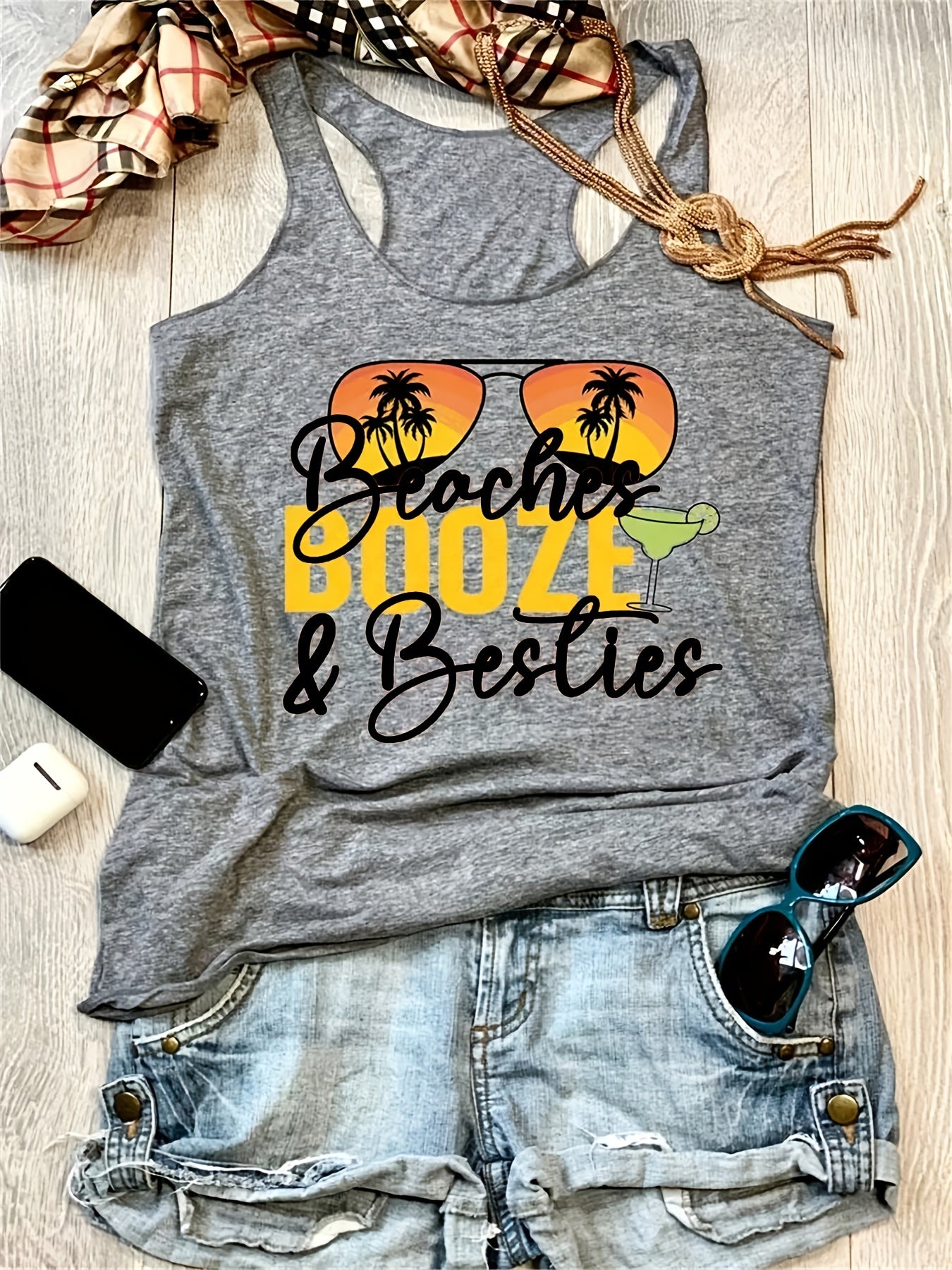 Sunglasses & Letter Print Tank Top Casual Sleeveless Summer Beach Tank Top