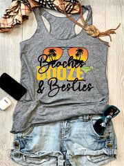 Sunglasses & Letter Print Tank Top Casual Sleeveless Summer Beach Tank Top