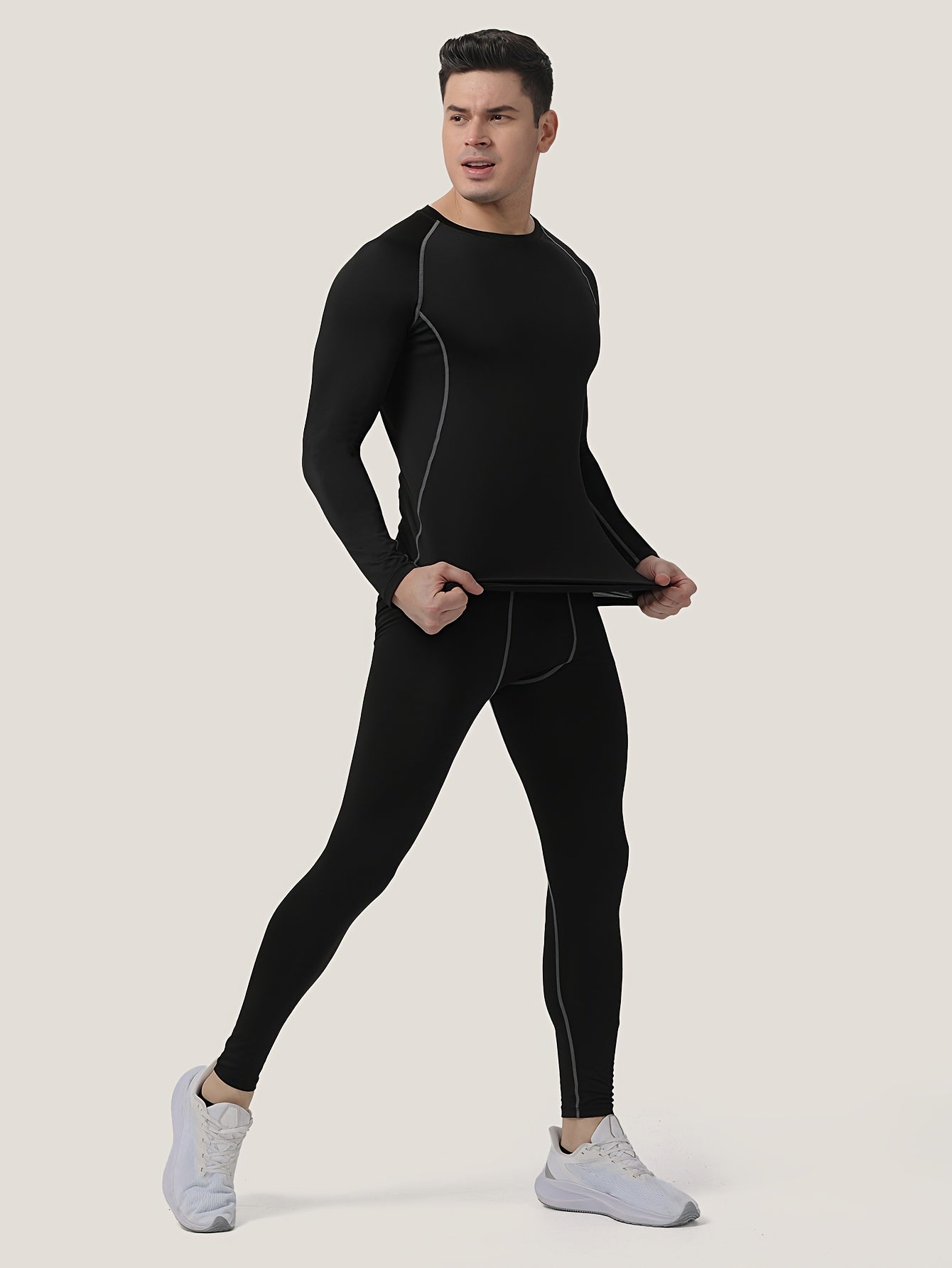 Men's Solid High Stretch Fitness Suit Long Sleeve T shirt & Yoga Legging Set