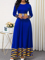 Colorblock Stripe Print Long Sleeve A line Maxi Dress