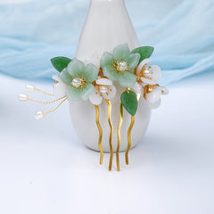 Green Glass Flower Leaves Crystal Faux Pearl Hair Comb Vintage Bridal Jewelry