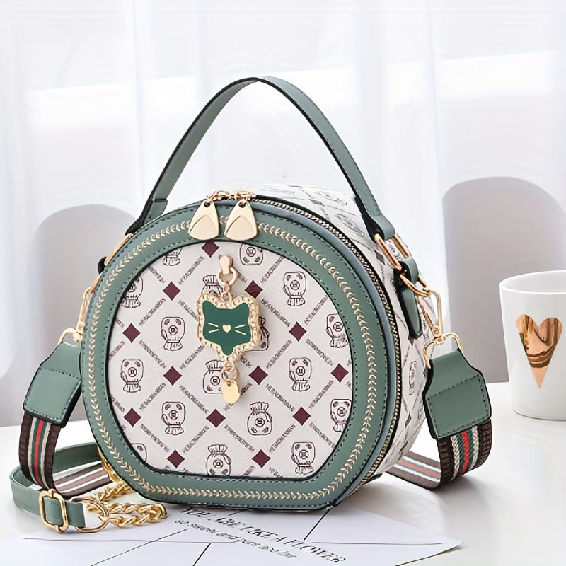 Round Handbag Chain Crossbody Bag PU Leather Top Handle Purse