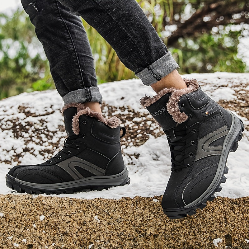 Men's Outdoor Snow Boots Leather Warm Fleece Anti-slip Hiking Boots Winter