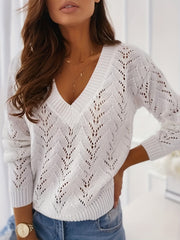 Eyelet Solid Knit Sweater V Neck Long Sleeve Casual Sweater