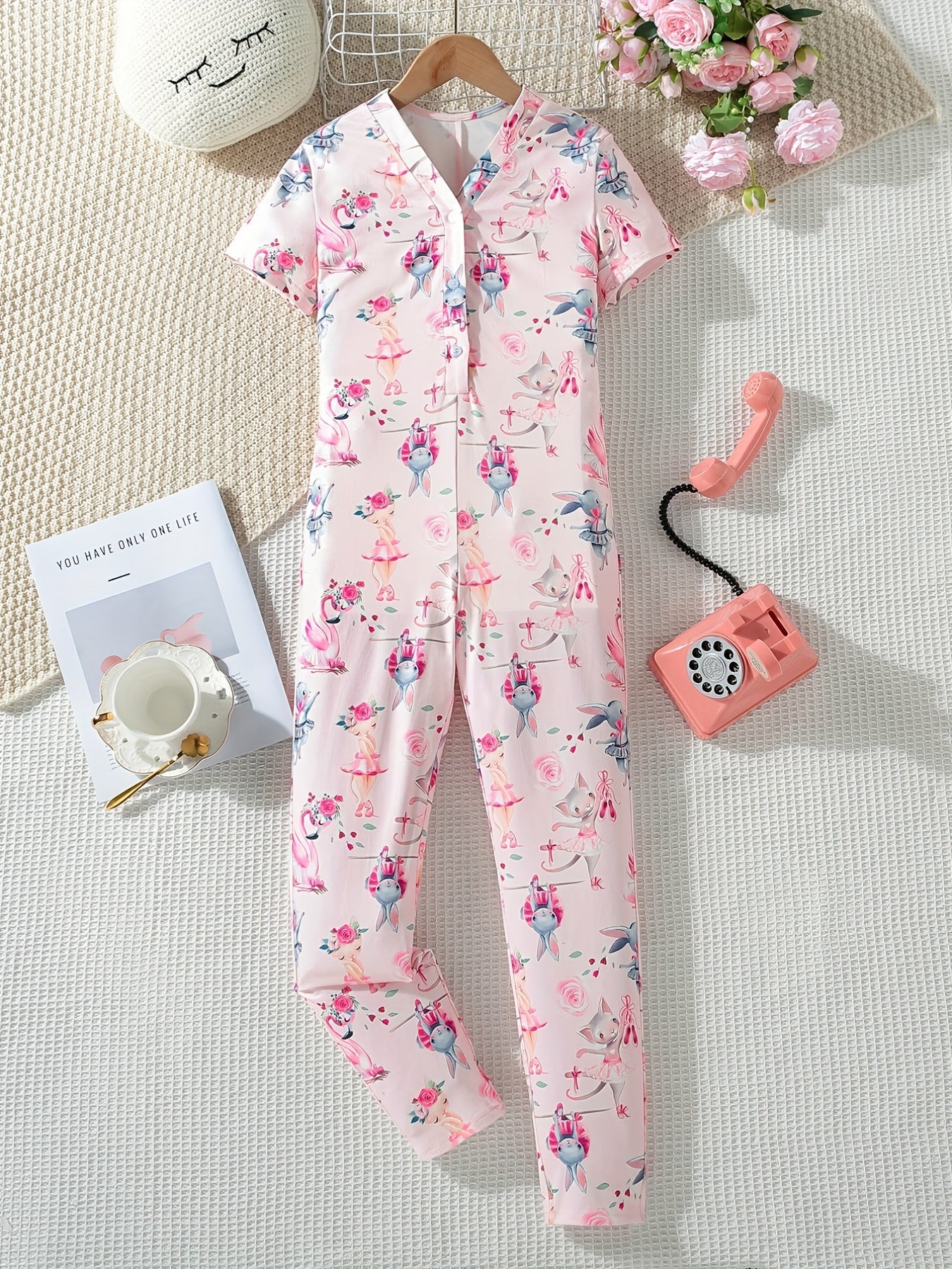 Kid's Rabbit Print Overalls Pajamas Short Sleeve Loungewear