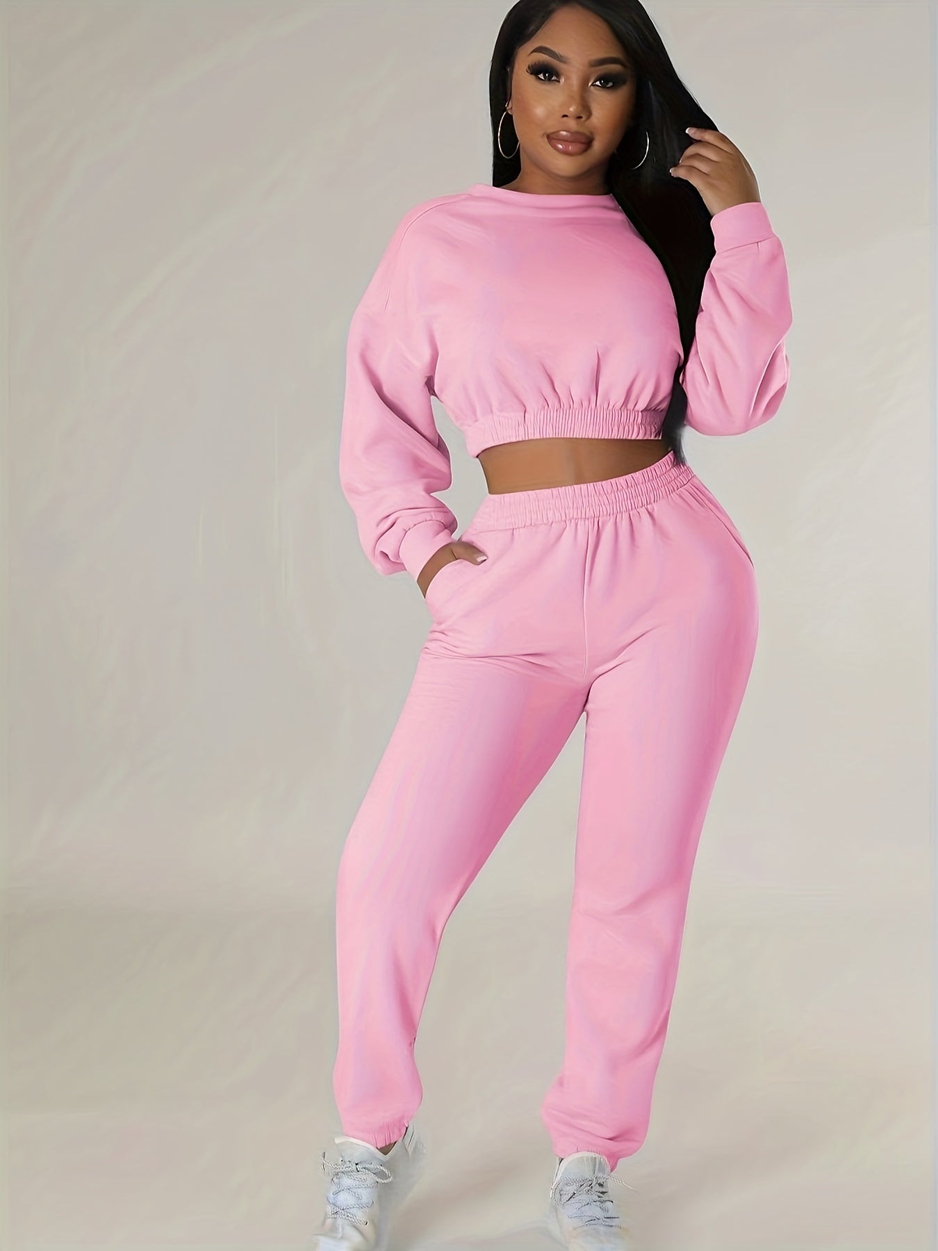 Casual Two Piece Set Crew Neck Long Sleeve Tops & Jogger Pants Outfit