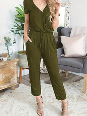 Solid V Neck Drawstring Waist Jumpsuit - Short Sleeve - Spring & Summer