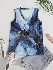 Marble Print V Neck Tank Top Summer Sleeveless Casual Top