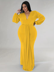 Sexy Dress Solid Lantern Sleeve V Neck High Split Maxi Dress