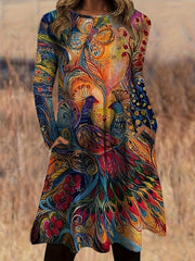 Peacock Print Long Sleeve Plus Size Casual Dress