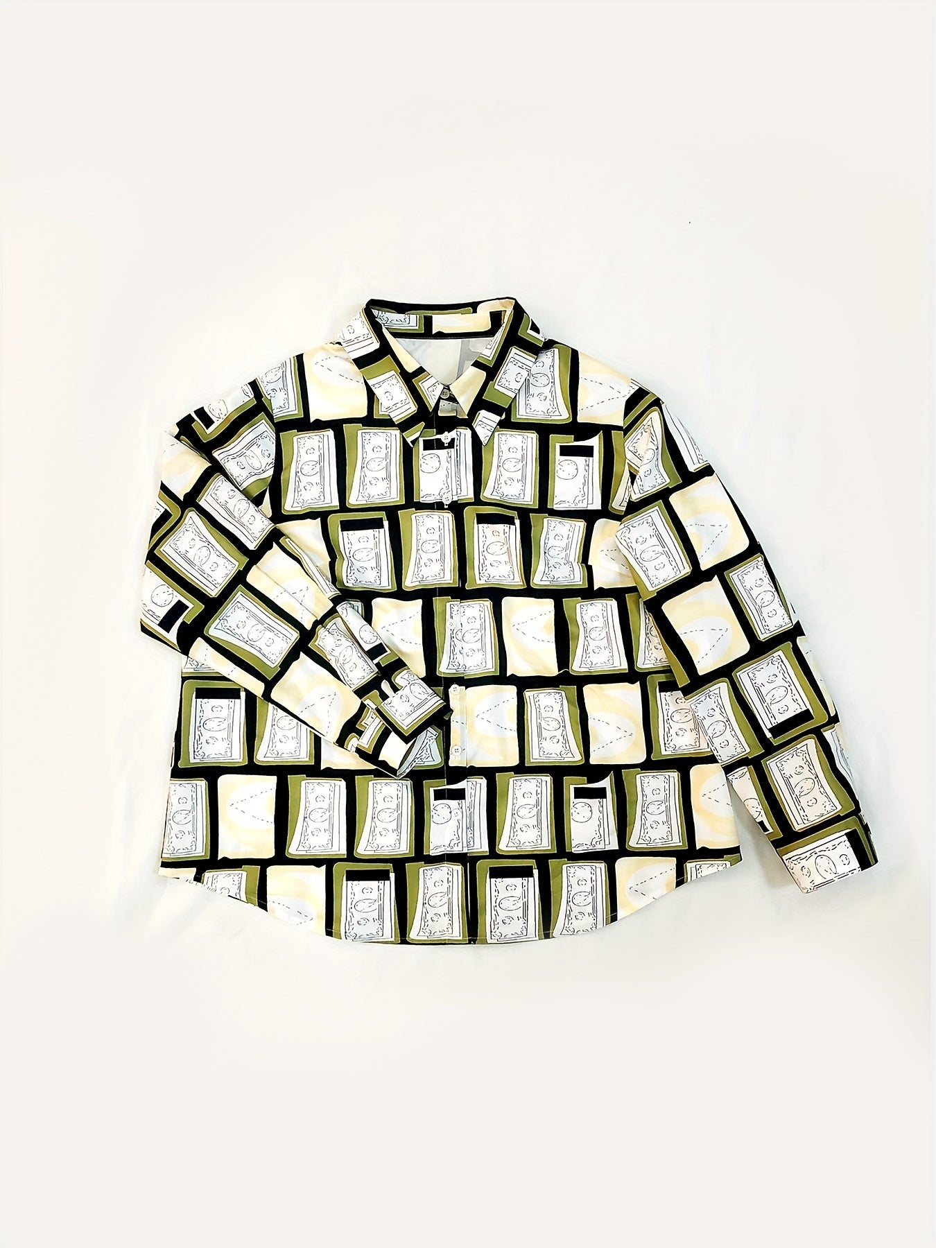 Geometric Print Button Up Long Sleeve Blouse