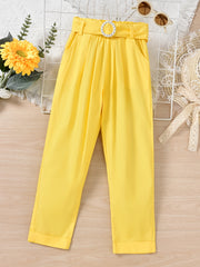 Girls Yellow Casual Trousers Elastic Waist Pocket Pants With Belt