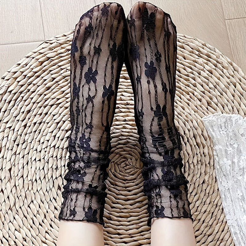 Floral Mesh Socks - Women's Mid Tube Stockings & Hosiery