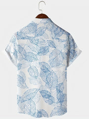 Men's Leaf Print Short Sleeve Button-Up Casual Shirt