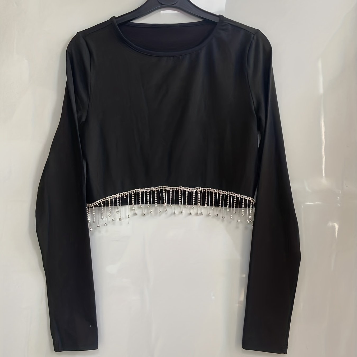 Tassel Two piece Set Crew Neck Long Sleeve Tops & Asymmetrical Skirts