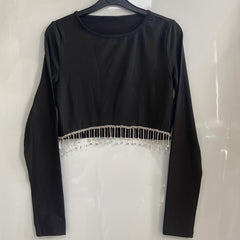 Tassel Two piece Set Crew Neck Long Sleeve Tops & Asymmetrical Skirts