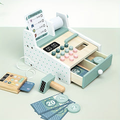 Wooden Supermarket Cash Register Toy Set with Shopping List and Coin Slot