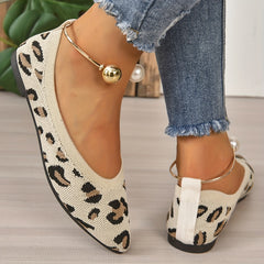 Leopard Printed Point Toe Slip On Flat Shoes with Metallic Strap