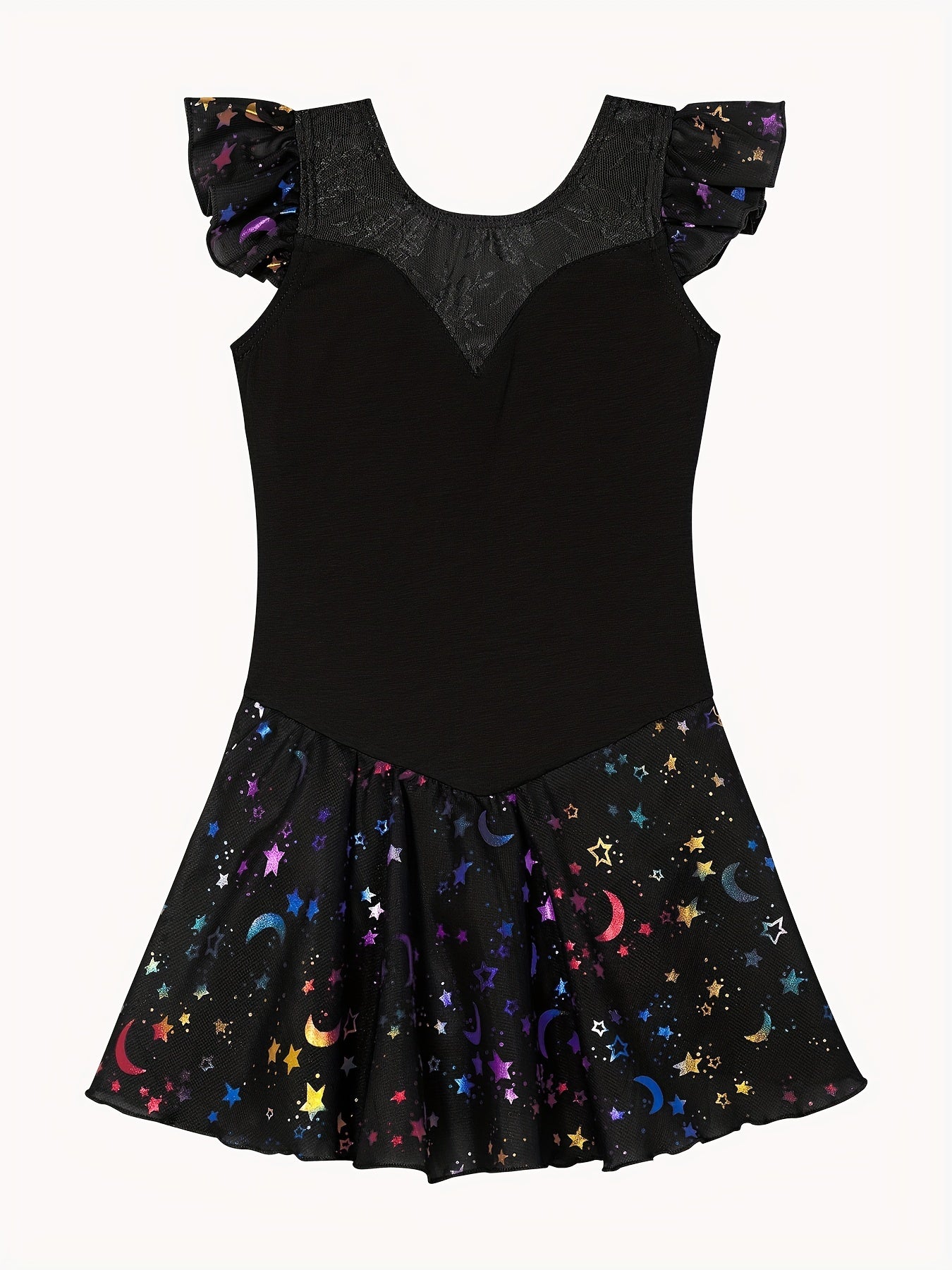 Girls Star Graphic High Stretch Ruffled Sleeve Ballet Dance Dress