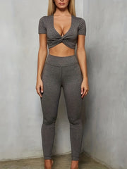 Heathered Twist Front V Neck Crop Top & Leggings Set