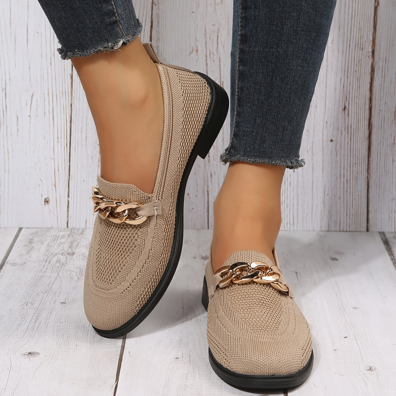 Women's Metal Decor Flat Loafers Breathable Solid Knit Slip On Shoes