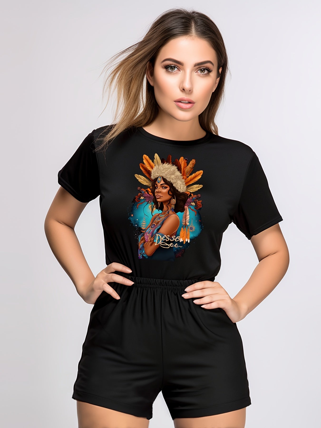 Figure Print Tee & Shorts Set Casual Outfit Women's Clothing