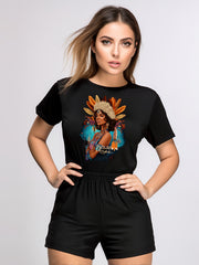 Figure Print Tee & Shorts Set Casual Outfit Women's Clothing