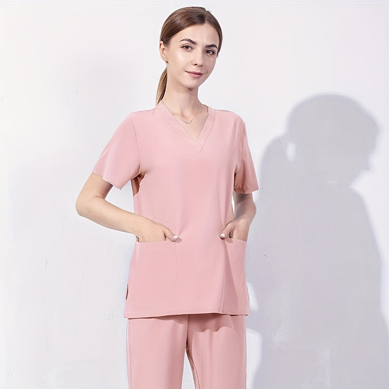 Zipper Pocket Front Scrub Tops Short Sleeve Work Tops For Nurse Women