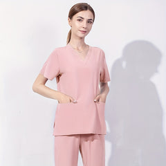 Zipper Pocket Front Scrub Tops Short Sleeve Work Tops For Nurse Women