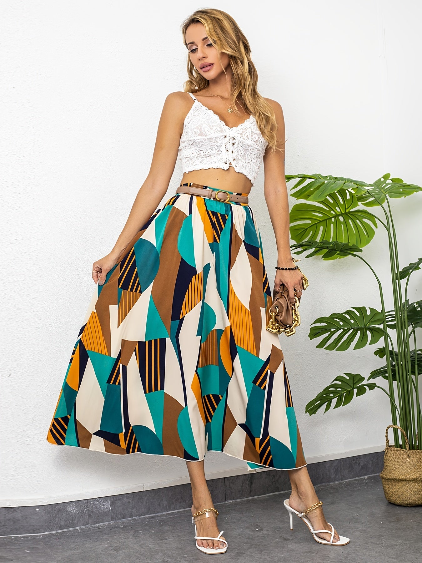 Geo Print Elastic Waist Swing Skirt