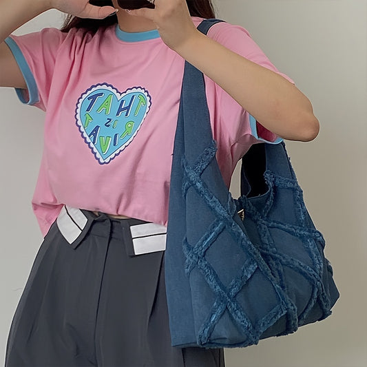 Denim Shoulder Bag Argyle Pattern Tassel Decor Hobo Bag Turn Lock Storage