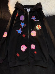 Cartoon Print Loose Thin Cardigan Zipper Sweatshirt