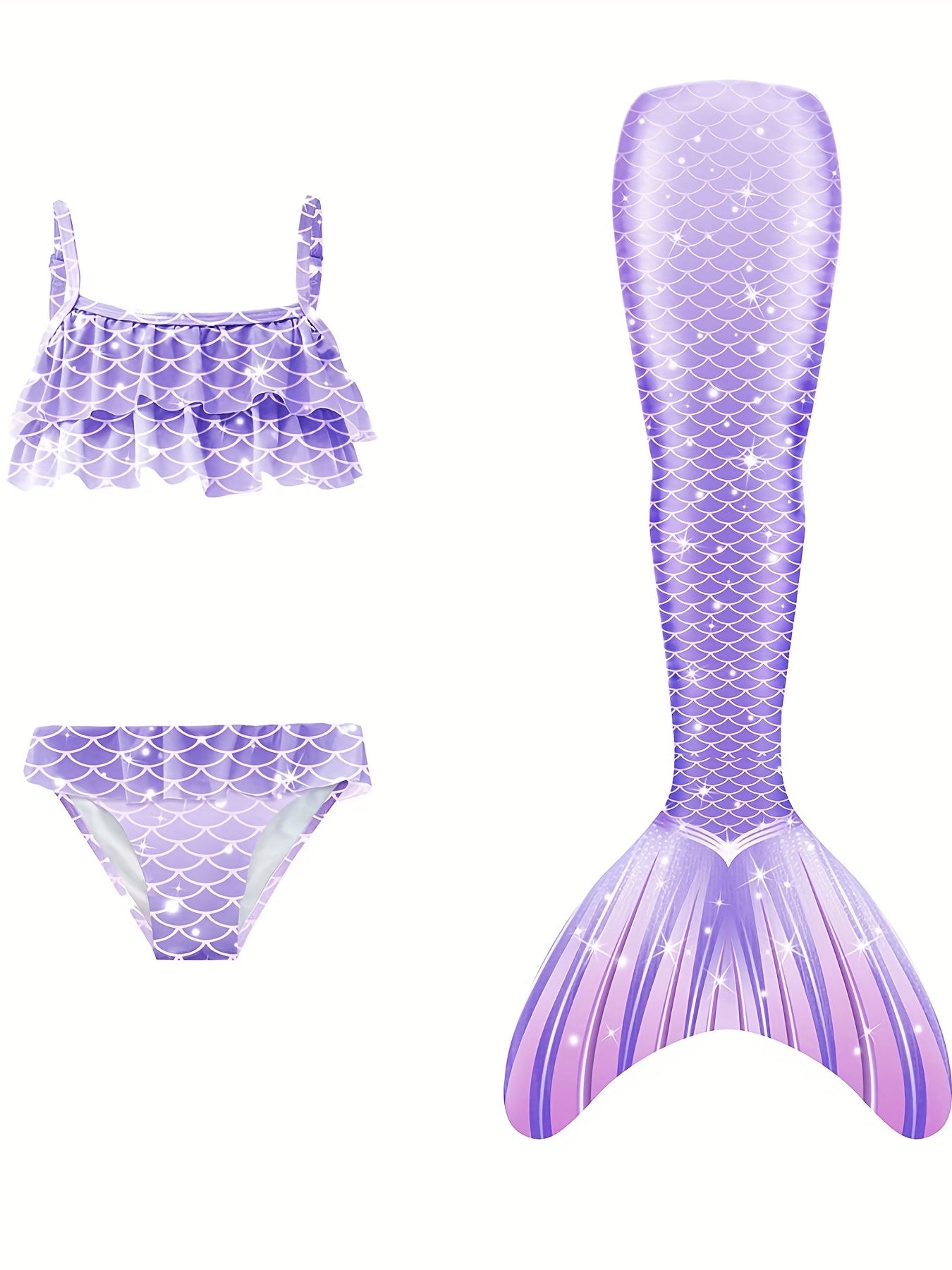 Girl's Mermaid Swimsuit 3pcs Bikini Set & Mermaid Tail Glitter Fish Scale Print