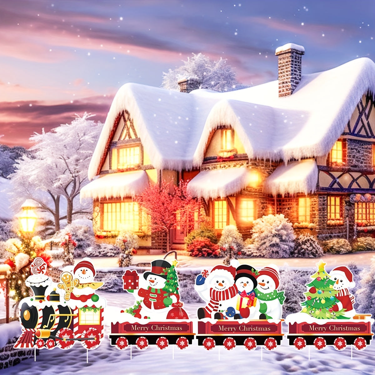 Christmas Train Yard Sign Santa Snowman Tree