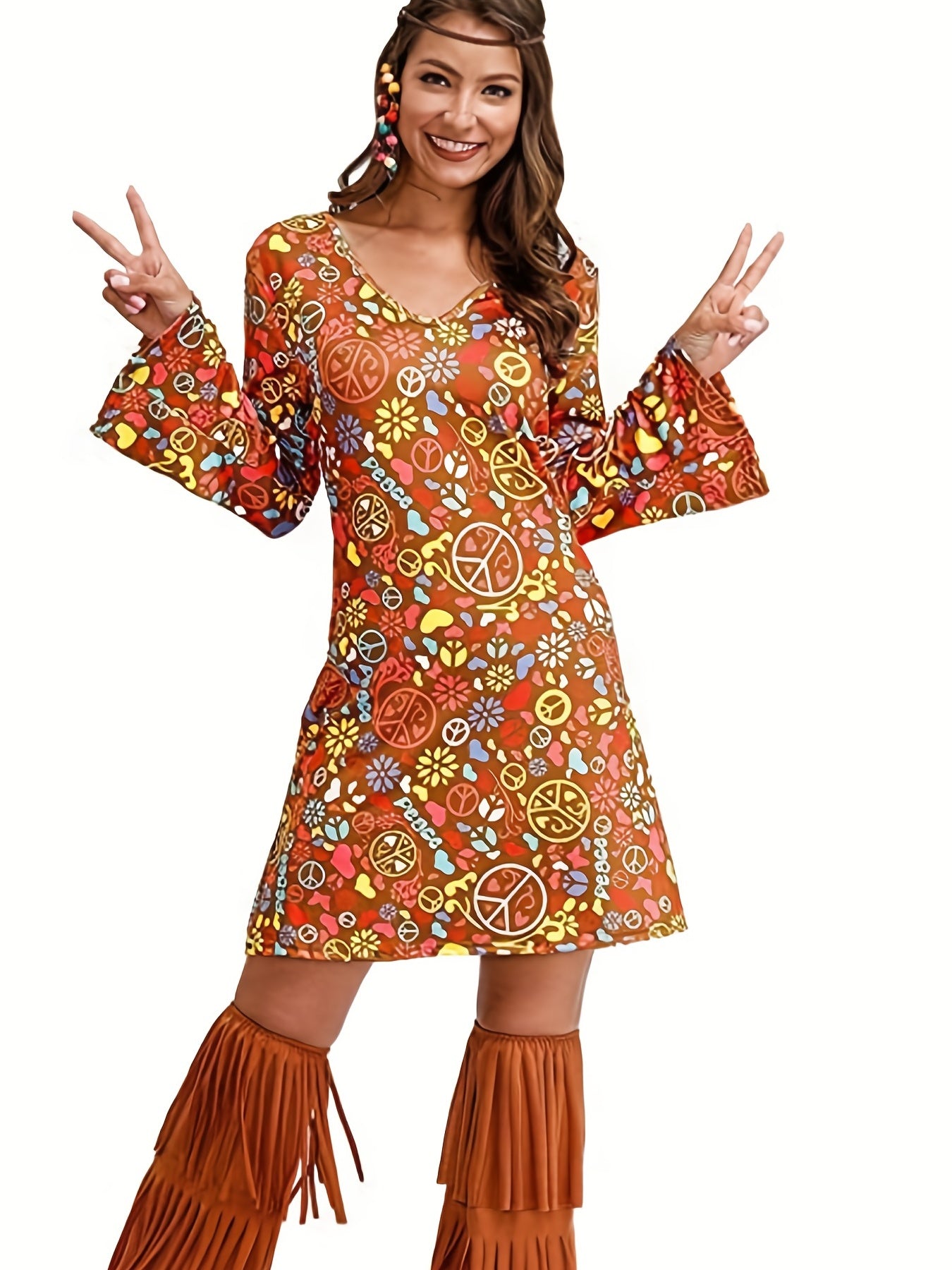 Floral Print Flared Sleeve Dress Hippie V neck Dress For Spring & Summer