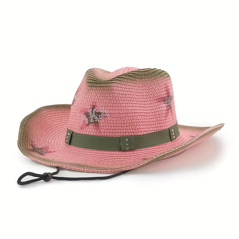 Y2K Pink Star Cowboy Hat Distressed Straw Sunshade Travel Beach Hats