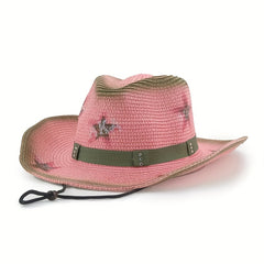 Y2K Pink Star Cowboy Hat Distressed Straw Sunshade Travel Beach Hats