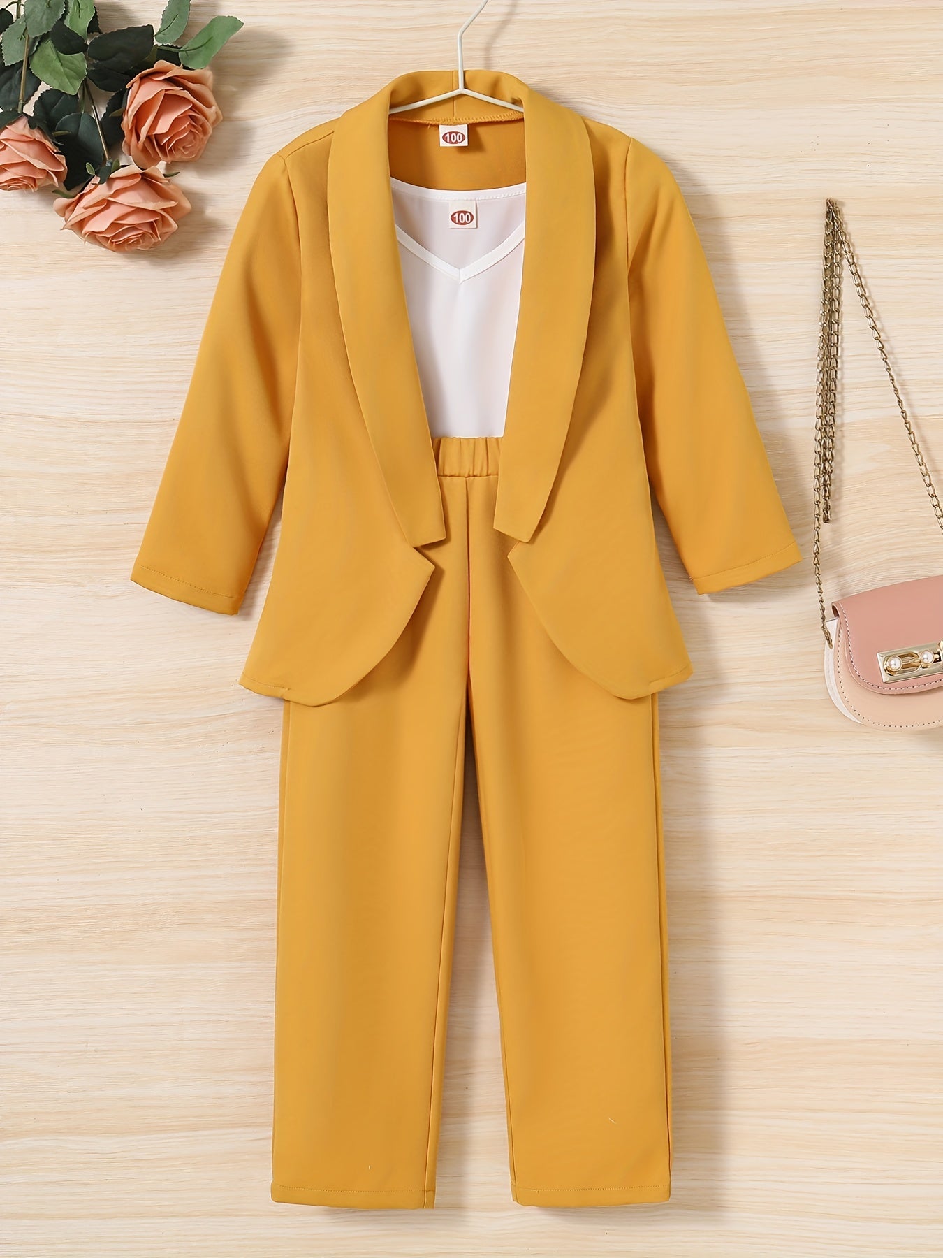 Girls 3pcs Blazer & Camisole & Pants Set Solid Long Sleeve Coat Top Kids Clothes