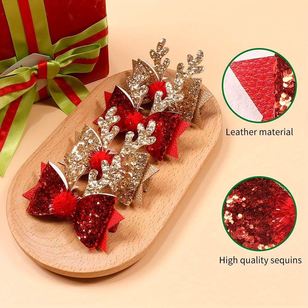 4pcs Christmas Antlers Sequin Bow Hair Clip for Baby Girls